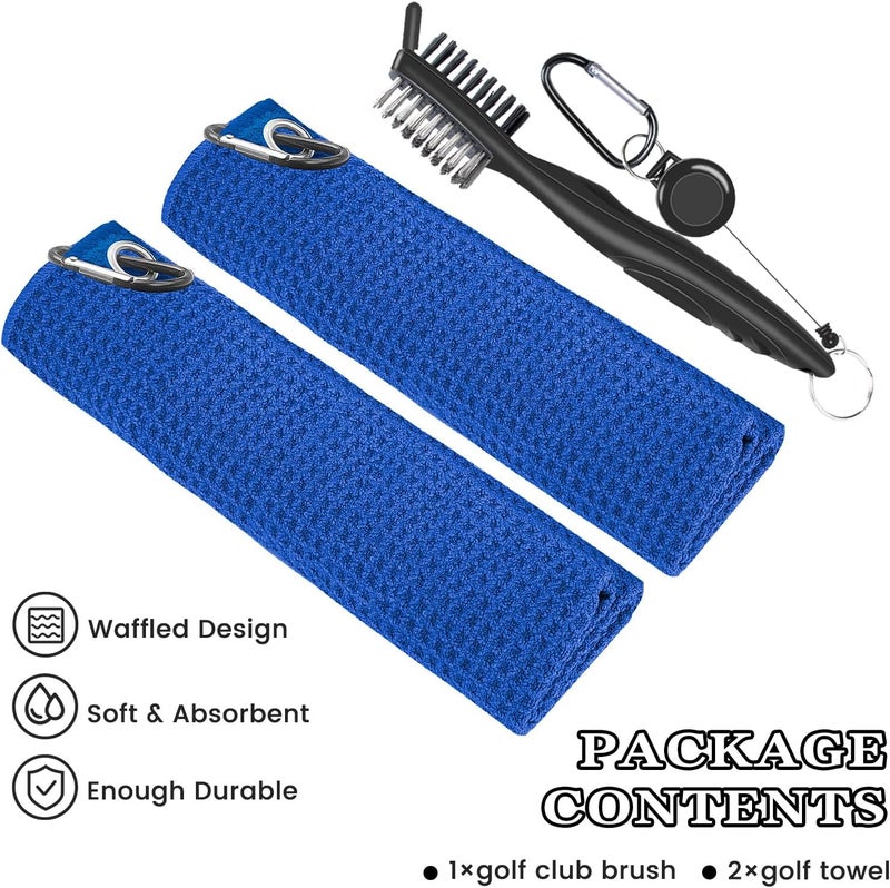 Seticek 2 Pack Golf Towel (16" X 16") with Club Brush, Microfiber Waffle Pattern Towels for Golf Bags for Men,Essential Golf Combo Cleaning Kit (Blue) - Image 2